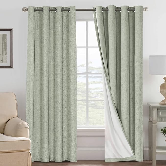 H.VERSAILTEX Bedroom Curtains Blackout, Sage Green Linen Blackout Curtains 84 Inches Long, 100% Blackout Thermal Textured Linen Look Curtain Draperies Grommet with White Liner, 2 Panels HVERSAILTEX