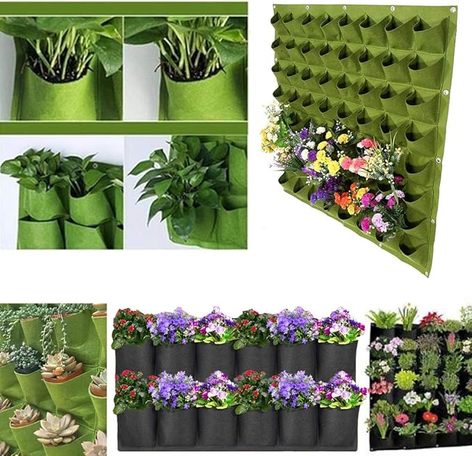 Hanging Planting Grow Bags, 64 Pockets Hanging Vertical Wall Planter Wall Mounted Grow Bag Outdoor Indoor Gardening Vertical Greening Flower Container, Planting Bags Storage Bags(1.0 m × 1.0 m, Green) LITLANDSTAR