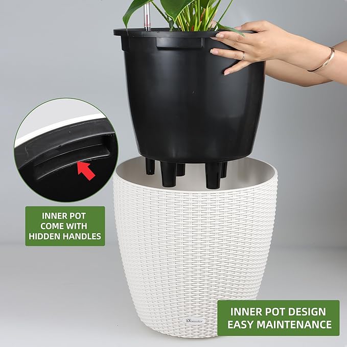 Dexceder 15x14 Rattan Self Watering Planter with Wheels Indoor Outdoor, Inner Pot Design, Thickened Large Floor Standing Flower Plant Pot with Water Level Indicator (Ivory White) Dexceder