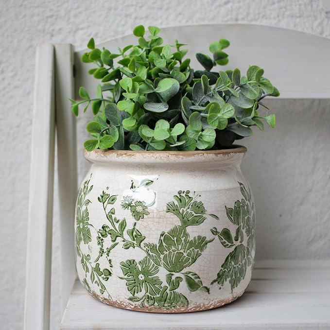 Tuscan Ceramic Indoor Plant Pot & Vase for Home Decor, 6.29'' Rustic Farmhouse Planter w/Drainage for Snake Plant, Pothos and Houseplants, Vintage Office & Tabletop Decoration, Gift for Mom (Green) XiaanJiaju