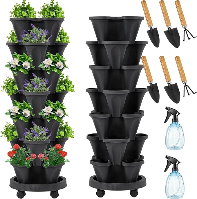 Umigy 2 Set of 7 Tier Vertical Planter Stackable Tower Planters Strawberry Herb Flower and Vegetable Pots Indoor Outdoor Gardening Pots with Removable Wheels and Tools(Black) Umigy