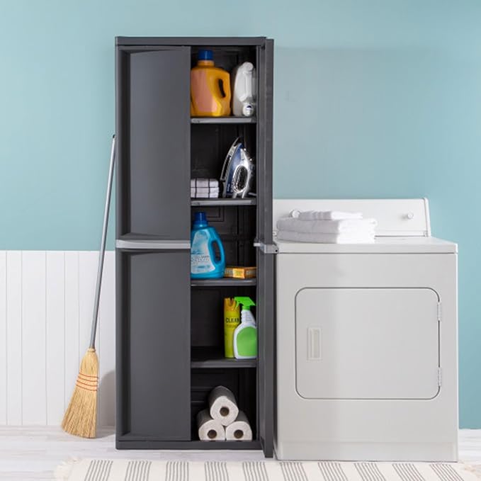 Sterilite 4 Shelf Cabinet, Lockable Utility Storage w/ Adjustable Shelves, Gray - Plastic Shelving Unit for Organizing Garage, Pantry, Basement, Laundry Room or Mudroom Sterilite