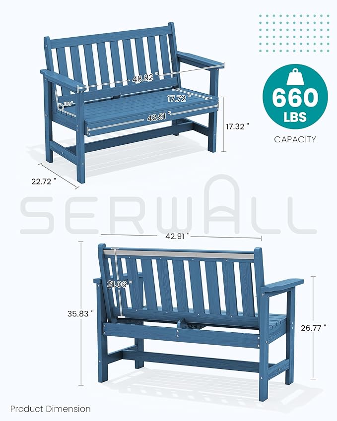 SERWALL HDPE Outdoor Benches Weatherproof, 2-Person Garden Bench with 660 lbs Weight Capacity, Patio Benches for Outdoors, Garden, Porch, Park, Navy, 2 Pack SERWALL