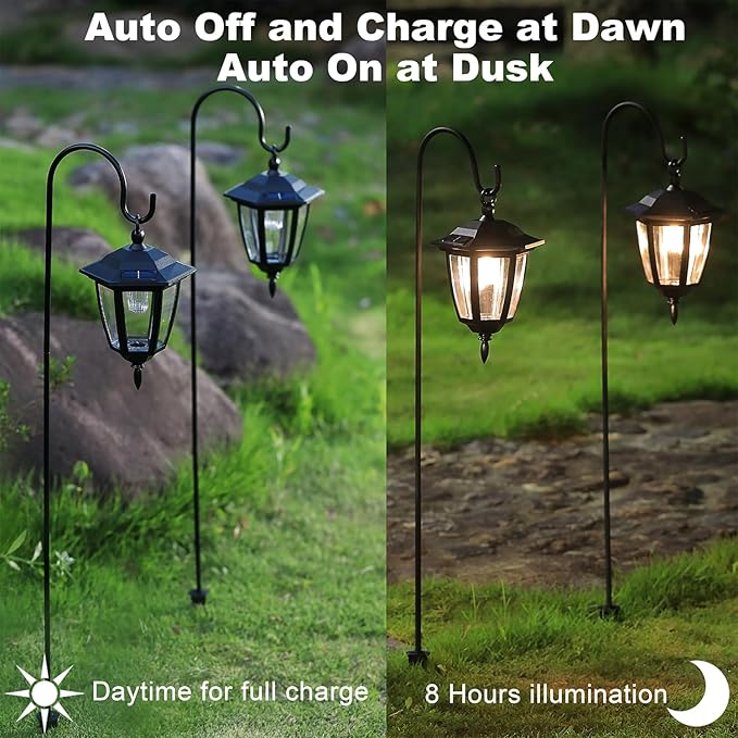 Dynaming 6 Pack Solar Hanging Lights Outdoor, Solar Powered Garden Decorative Lanterns with 6 x 38 Inch Shepherd Hooks, Waterproof Landscape Lighting for Lawn Patio Yard Pathway Driveway, Warm White Dynaming