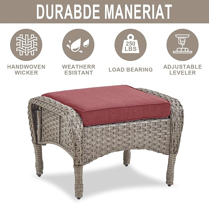 Belord Outdoor Ottomans for Patio Foot Rest - 25 Inch PE Wicker Foot Stool Set of 2 with Removable Cushions for Patio Furniture Sets,All Weather Rattan Ottoman for Balcony Deck Backyard Brown Belord