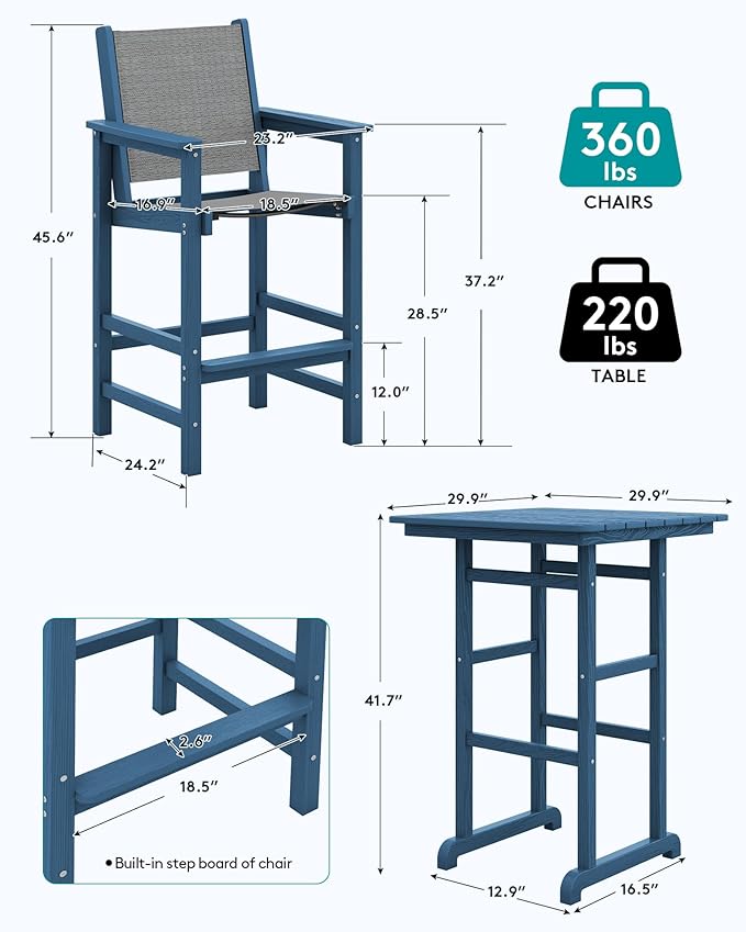 SERWALL 3 Pieces Textilene Adirondack Bar Set, Tall Adirondack Bar Height Chairs with Bar Table, Sling Balcony Adirondack Chairs, Weather Resistance Resin Outdoor Bar Height Stools, Blue SERWALL