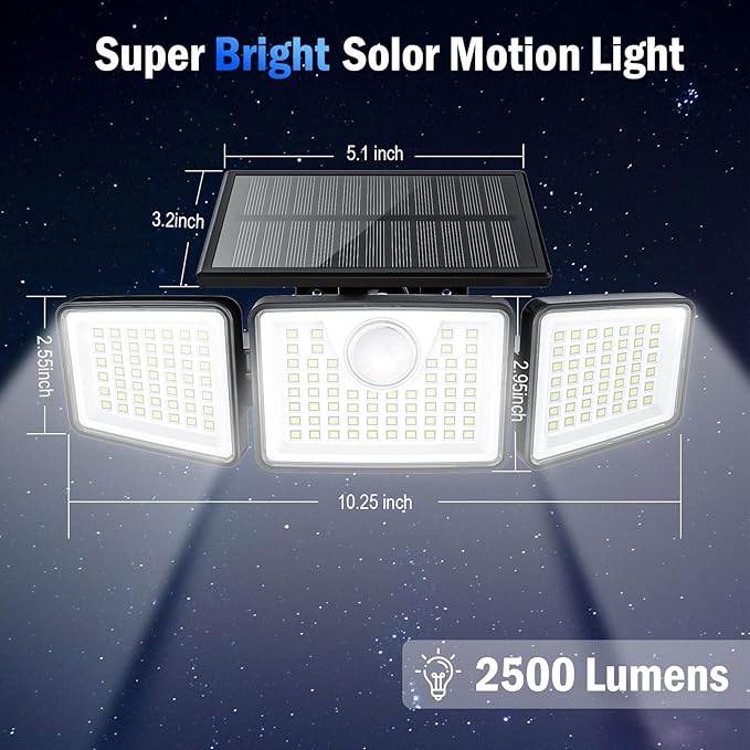 2500LM Solar Lights Outdoor with Motion Sensor,3 Head 270° Wide Angle Street Area Lights, IP65 Waterproof Security Lighting with 3 Modes(Non-Remote,2 Pcs) ChargebySunLightUpHome