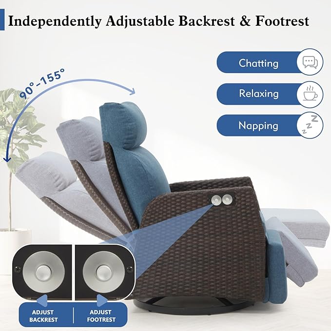 Adjustable Outdoor Recliner Chair with Independent Backrest & Footrest, Patio Swivel Recliner Chair, Wicker Reclining Patio Chair w/Flip-Up Table, 155° Lay Flat Chaise Lounge, Blue, 2PCS Rootora