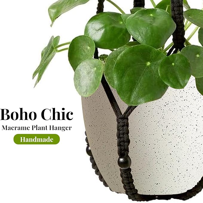 Macrame Plant Hanger Indoor Set of 4 with 8 Hooks, Indoor Outdoor Hanging Planter for Plants Holder with Decorative Wood Beads & No Tassels, Boho Home Decor, 35 Inch Black (Pots Not Included) Rootora