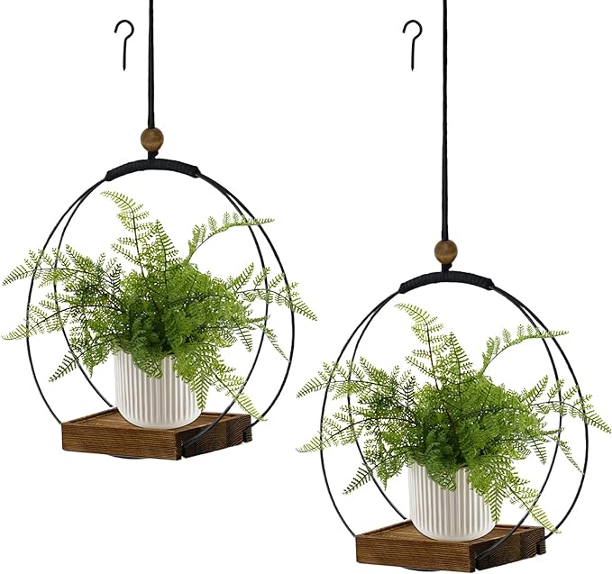 2 Pack Hanging Planter for Indoor Plants, Black Plant Hanger with Sturdy Wood Base, Modern Boho Macrame Hanger, Wall Ceiling Window Planter (Plants/Pots Not Included) hismocal