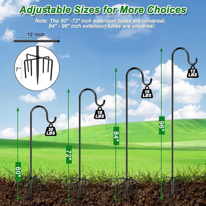 72" Shepherds Hooks for Outdoor, Heavy Duty Garden Bird Feeder Pole for Hanging Bird Feeder, Plant Baskets, Solar Light Lanterns, Outdoor Plant Hanger Hook with 7 Base Prongs,1 Pack Anideer