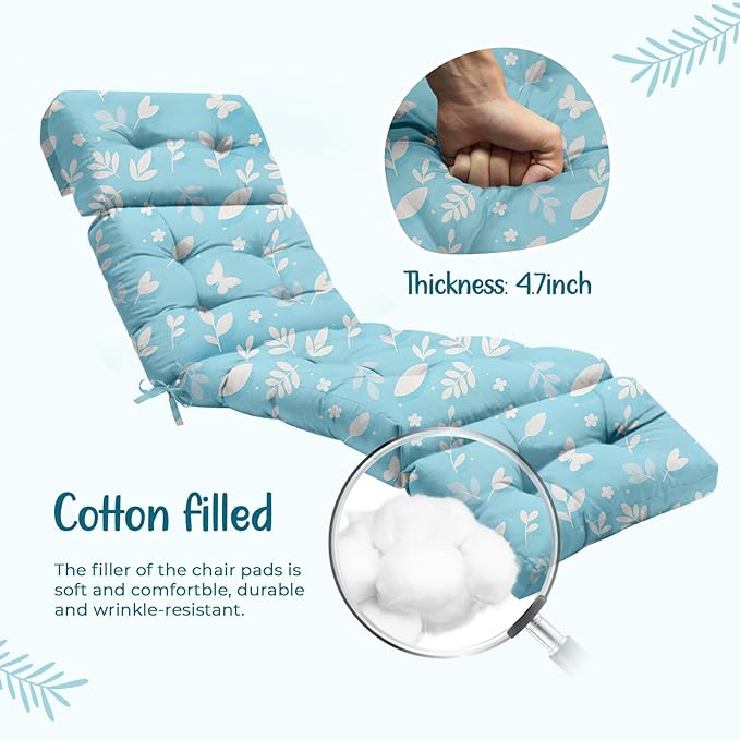 4 Pack Outdoor Chaise Lounge Chair Cushion 75.1 x 22.8 x 4.7 Inches 100% Waterproof Replacement Cotton Patio Pool Lounge Chair Cushion for Outdoor Furniture with Ties, Blue Butterfly Uthem