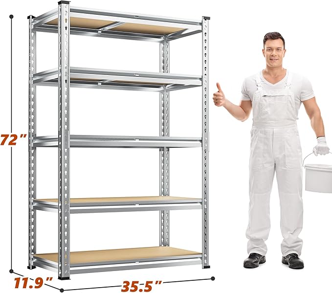 REIBII Garage Shelving, 5 Tier Storage Shelves Load 2400LBS, Adjustable Garage Shelves Heavy Duty, Metal Shelving Unit with Waterproof Columns for Warehouse, 35.5" W x 11.9" D x 72" H, Galvanized REIBII