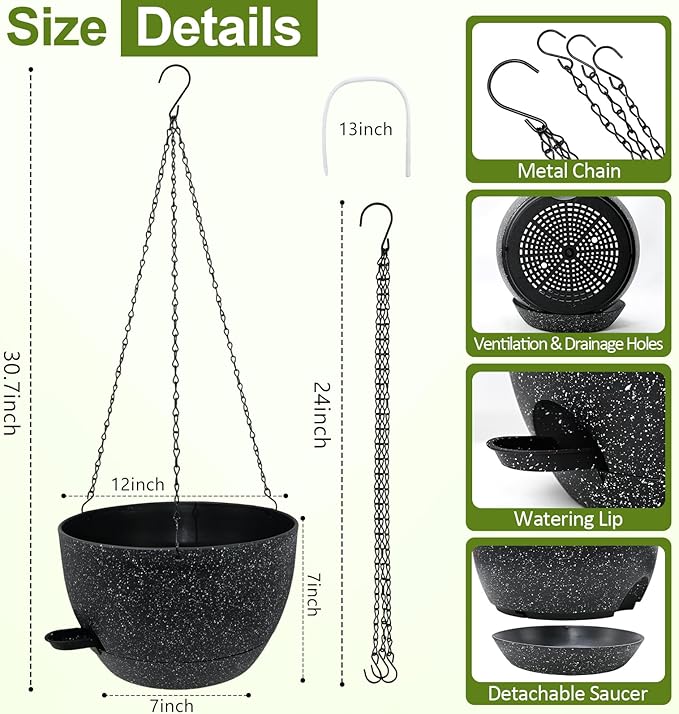 WOUSIWER Self Watering Hanging Planters, 2 Pack 12'' Plastic Pots with Drainage Holes & Reservoir Tray (Speckled Black) | Indoor & Outdoor Use for Ferns, Ivy, Herbs, Succulents WOUSIWER