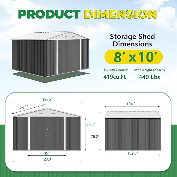 Devoko 10 x 8 FT Outdoor Storage Shed, Metal Garden Sheds & Outdoor Storage Clearance, Large Tool Shed Outdoor with Single Lockable Door for Patio Lawn Backyard (Gray) DEVOKO