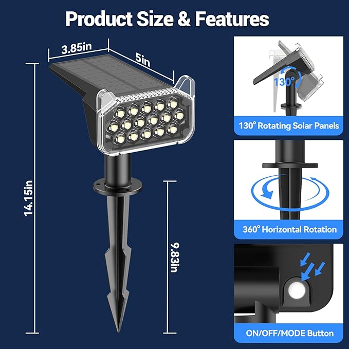 WdtPro Solar Spot Lights Outdoor Waterproof, Bright Solar Lights Outdoor with 16 Extra-Large LEDs, 3 Modes Landscape Spotlights, 2-in-1 Solar Powered Light for Yard Flag Garden, 4 Pack, Cool White WdtPro