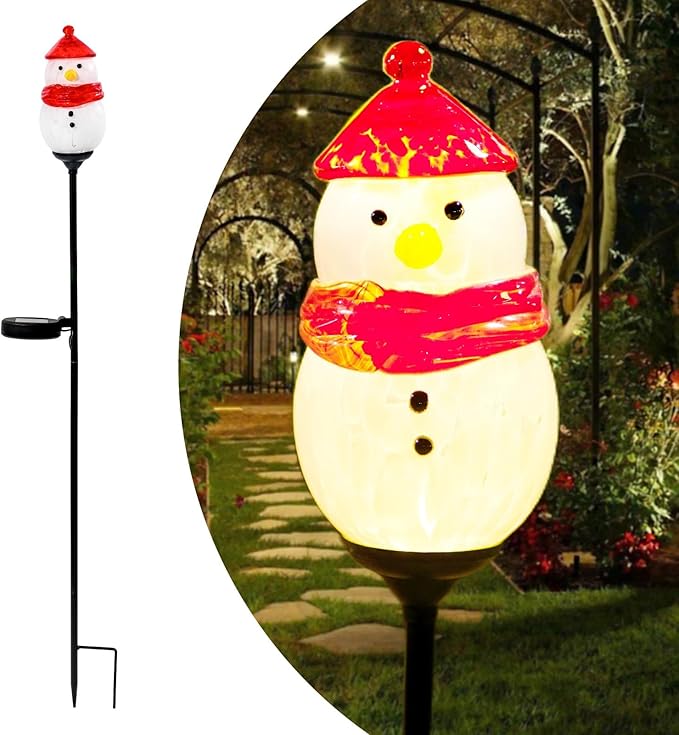 Solar Powered Garden Stake Lights Outdoor, Cute Animal Outdoor Figurine Lights Ornament Statue Decor for Pathway, Patio, Red Snowman LaElvishGarden
