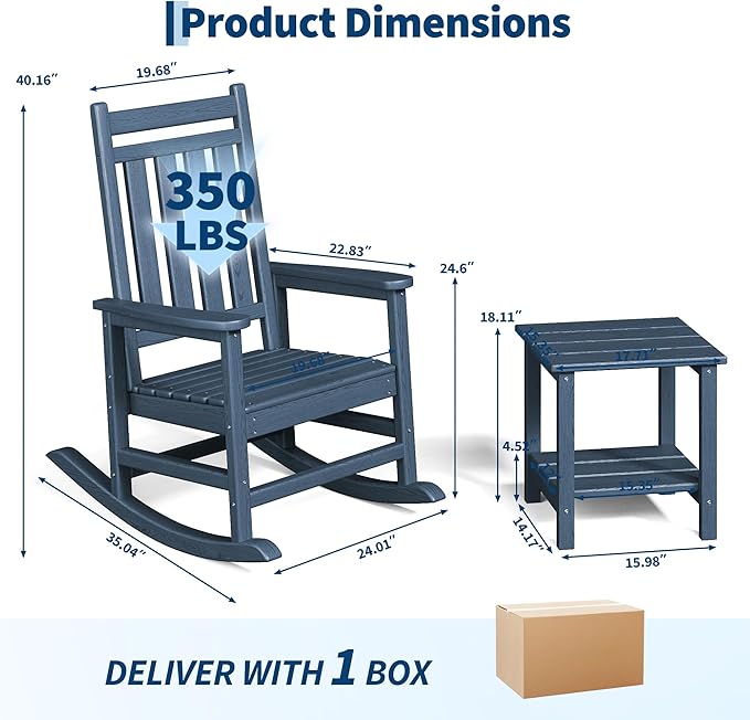 GarveeLife Poly Lumber Rocking Chair Outdoor Set of 2 with Side Table - HDPE High Back Porch Rocker Chairs for Adults - All Weather Resistant Furniture for Patio - Navy Blue GarveeLife