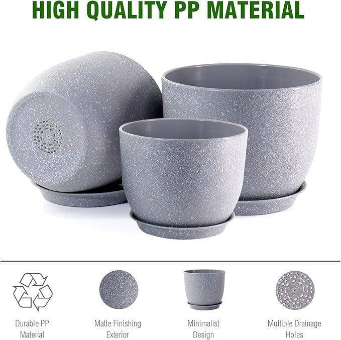 Flower Pots 9/8/7.5inch, Set of 3 Modern Decorative Plastic Planters with Drainage Holes and Saucers for Garden House Plants, Plant Pots for Indoor Outdoor Plants, Speckled Grey WSMKSZ