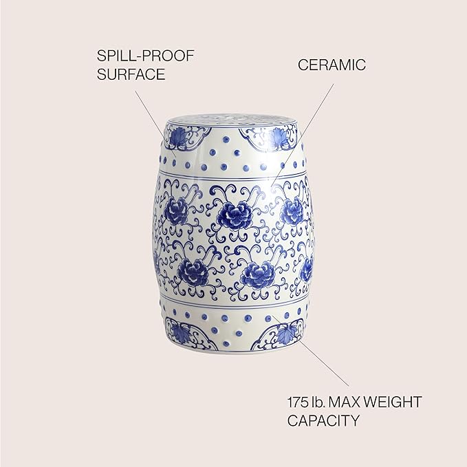 JONATHAN Y TBL1000A Lotus Flower 17.8" Chinoiserie Ceramic Drum Indoor/Outdoor Garden Stool Bohemian, Coastal, Classic, Cottage, French Country, Traditional, Bathroom, Garden Room, Patio, Blue/White JONATHANY