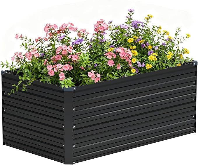 Vengarus 4x2x2FT Galvanized Raised Garden Bed Kit, Outdoor Metal Planter Box for Vegetables, Fruits,Herbs, and Succulents - 120 Gallon Capacity,Black Vengarus