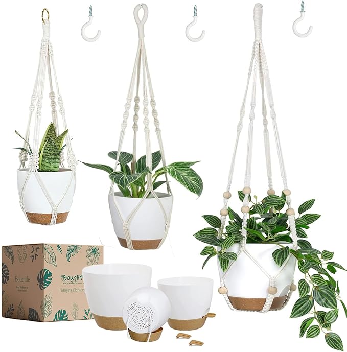 Hanging Planters with Macrame Plant Hangers for Indoor Outdoor Plants 3 Set Self Watering Pots Hanging Baskets Flower Pot Holders 3 Different Size Bouqlife