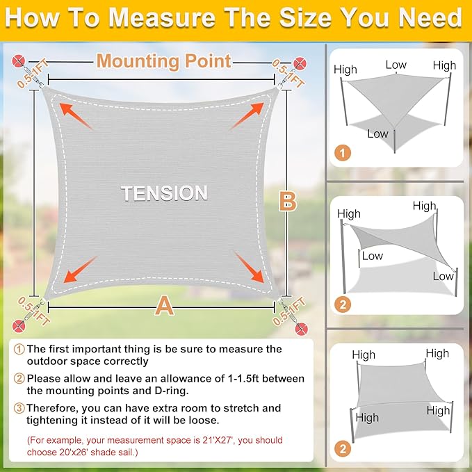 KANAGAWA Sun Shade Sail 20'x20' Grey Rectangle UV Block Canopy Awning Shelter Fabric Cloth Screen for Outdoor Patio Garden Backyard KANAGAWA