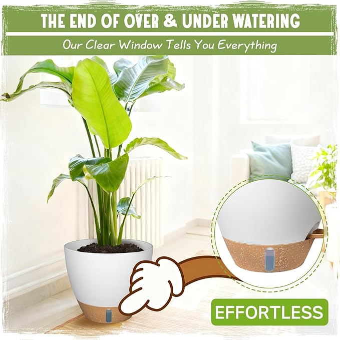 Self-Watering Pots for Indoor Plants 4 Pack, 6/8/10/12 Inch Outdoor Planters with Water Level Indicator&Deep Reservoir, Decorative Flower Pots for Indoor Plants,Home Decor (White, 12+10+8+6 inch) GOPROAUTO