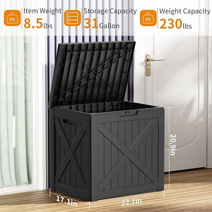 31 Gallon Outdoor Storage Box, Large Resin Deck Box for Patio Cushions, Garden Tools, Pool Accessories, Waterproof and Lockable Design, Storage Bench for Backyard & Deck(Black) Rootora