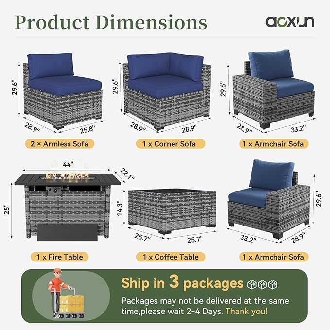 Aoxun 7 Piece Patio Furniture Set with Wide Armrests & 44” Fire Pit Table Wicker Rattan Outdoor Sectional Sofa Set with Coffee Table and Thickened Cushions, Gray/Blue(Waterproof Cover Included) Aoxun