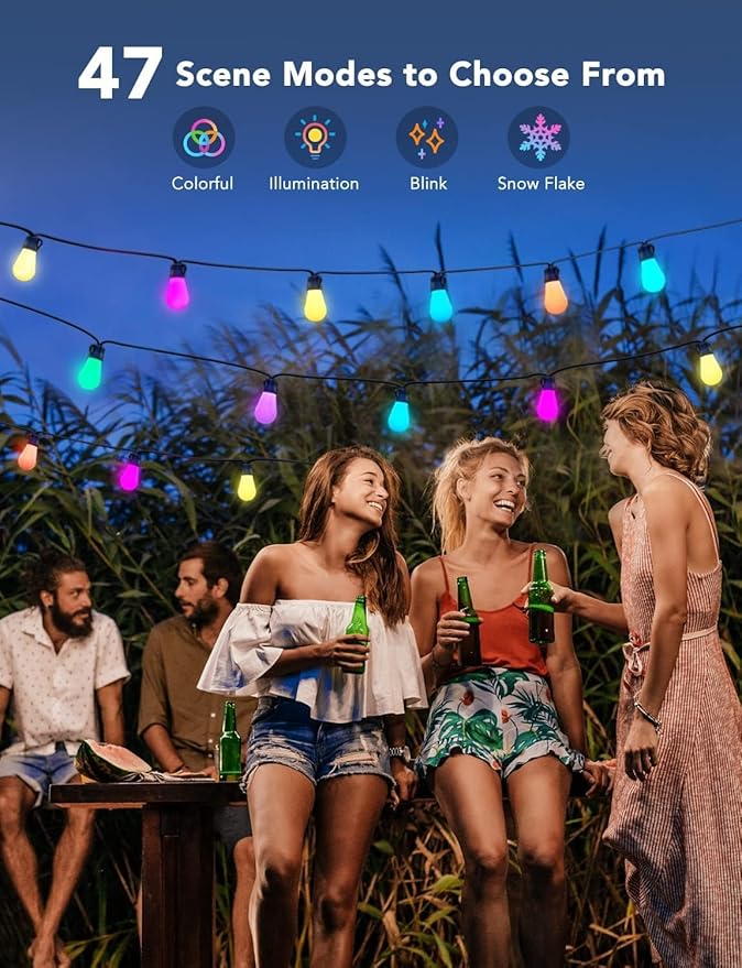 Govee Smart Outdoor String Lights H7016, 96ft RGBIC Outdoor Lights with 30 Dimmable LED Bulbs, IP65 Waterproof, Color Changing Warm White Lights with 47 Scene Modes for Patio, Backyard, App Control Govee