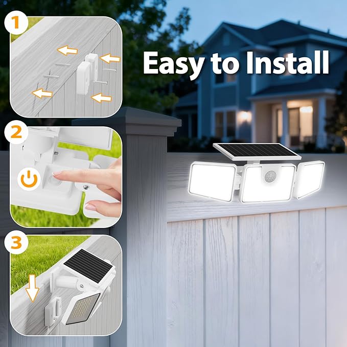 INCX 156 LED Solar Motion Lights Outdoor 2 Pack, 3 Heads Solar Security Lights with Motion Sensor IP65 Waterproof, Flood Lights for Wall, Patio, Garden, Porch, Garage White INCX