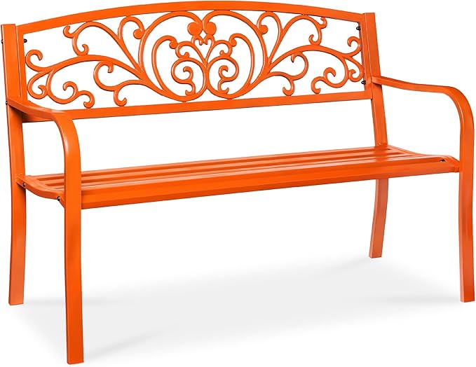 Best Choice Products Outdoor Bench Steel Garden Patio Porch Furniture for Lawn, Park, Deck w/Floral Design Backrest, Slatted Seat - Carrot BestChoiceProducts