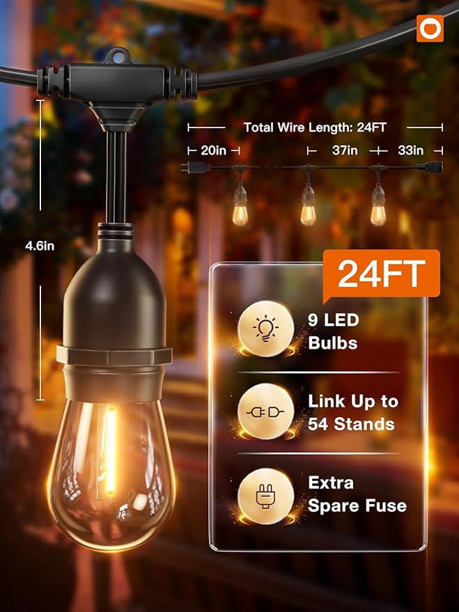 addlon LED Outdoor String Lights 24FT with Edison Vintage Shatterproof Bulbs and Commercial Grade Weatherproof Strand - ETL Listed Heavy-Duty Decorative Cafe, Patio, Market Light addlon
