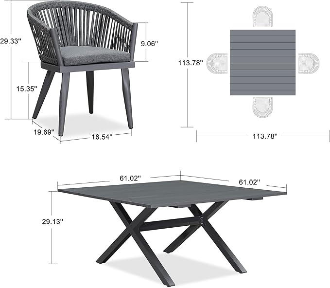 PURPLE LEAF 5 Pieces Oversized Square Outdoor Dining Set with Patio Aluminium Dining Table and Wicker Chairs Modern Furniture Cushions Sets for Backyard Indoor Decor Kitchen Gray PURPLELEAF