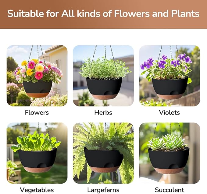 Set of 2-12 Inch Hanging Planter, Self-Watering Hanging Planters for Indoor Plants & Outdoor, Plant Hanger Indoor, Hanging Plant Pot with Drainage (Black) LesOasis