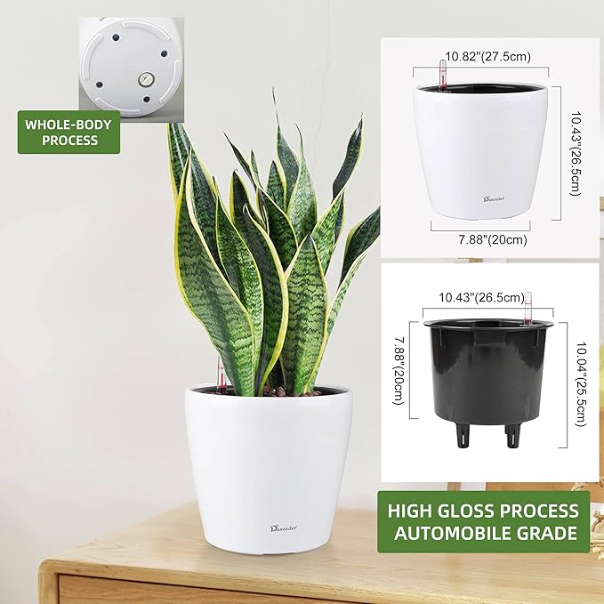 Dexceder 11x10 Inches High Gloss Self Watering Planter Indoor Outdoor, Inner Pot Design, Thickened Table Flower Plant Pot with Water Level Indicator (White) Dexceder
