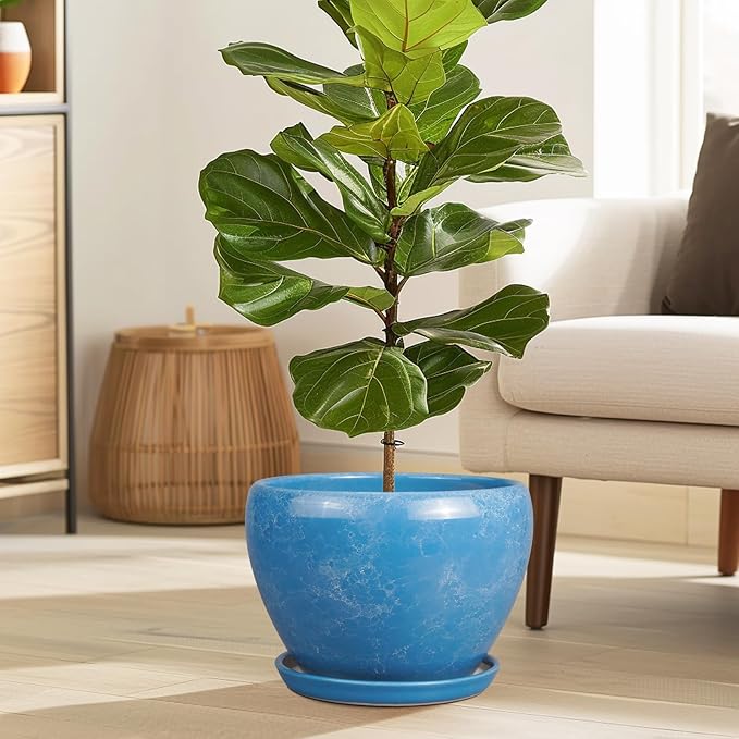 10 Inch Planter Pot - Ceramic Pots for Plants with Drainage Hole and Saucer, Round Large Flower Pot for Indoor Plants, Blue Ceramicfor