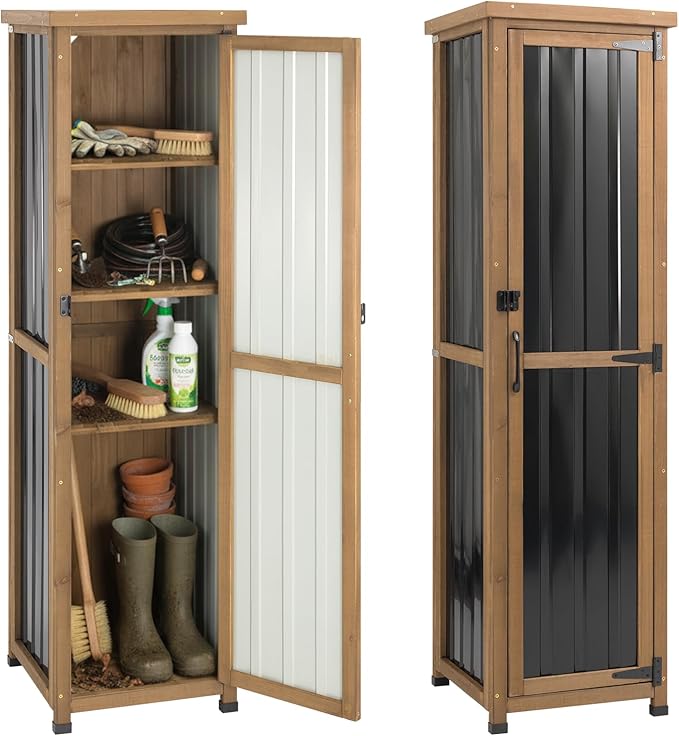Outdoor Storage Cabinet Weatherproof, Tall Wood Garden Potting Bench Table with Removable Shelves, Metal Top, Outdoor Patio Cabinet Work Station for Tool Accessories,17.8''x17.8''x62'' MAGAZOOPET