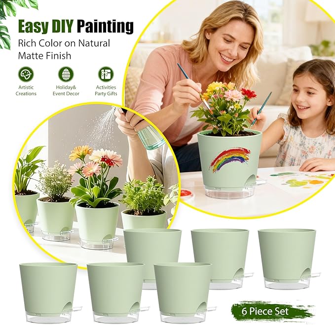 Plant Pots 6 Inch Self Watering Pots,6 Pack Plastic Planters with Drainage Holes and Clear Saucers,Plastic Flower Pots,Nursery Planting Pot for Indoor Out Door Plants (Green) SQKH