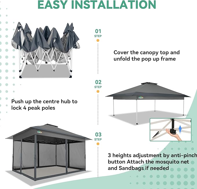 COBIZI 12x12 FT Pop up Gazebo on Clearance Outdoor pop up Canopy Tent,carpas para Patio, Shelter Tents with Sandbags & Portable Carry Bag, Patio Gazebos for Camping, Garden & Lawn, Darkgrey(Upgraded) COBIZI