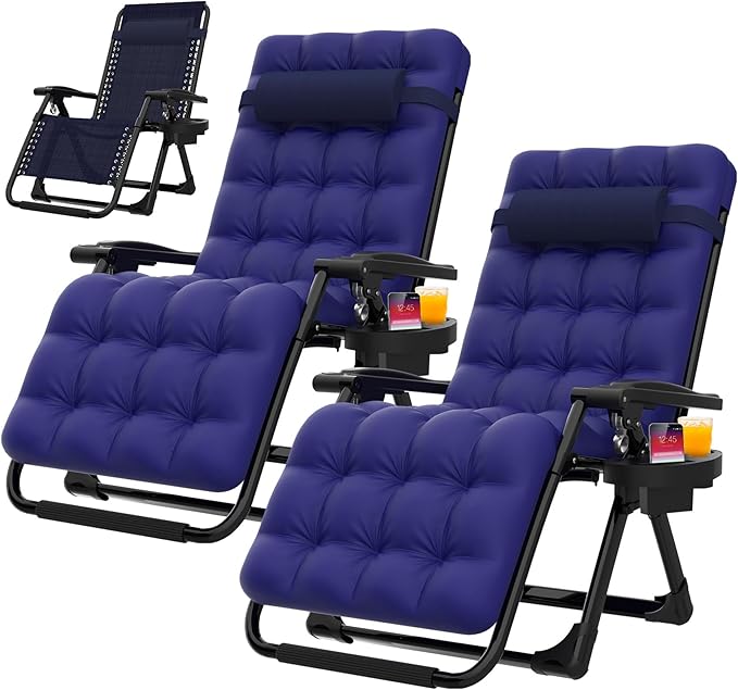 Suteck Zero Gravity Chair Set of 2, Reclining Camping Lounge Chair w/Removable Cushion, Upgraded Lock and Cup Holder, Reclining Patio Chairs Folding Recliner for Indoor and Outdoor Suteck