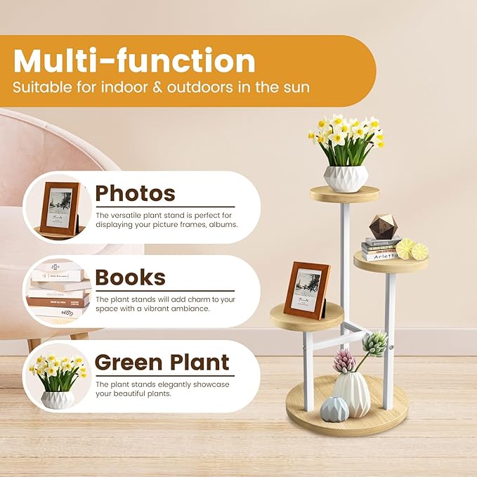 GEEBOBO 3 Tier Plant Stand Indoor, Metal Wood Plant Stands For Indoor Plants Multiple, Corner Tiered Flower Plants Shelf Stand for Living Room Bedroom, White GEEBOBO