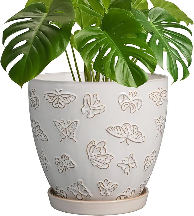 Ceramic Planter 8 Inch - White Plant Pot with Drainage Hole and Saucer Modern Flower Pot for Indoor Outdoor Plants EPFamily