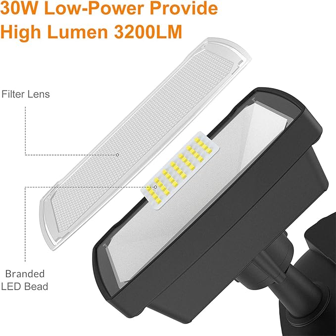 LEPOWER LED Security Lights Motion Sensor Light Outdoor, 30W 3200LM Motion Security Light, 5500K, IP65 Waterproof, 2 Head Motion Detector Flood Light for Garage, Yard, Porch, Black (Not Solar Powered) LEPOWER
