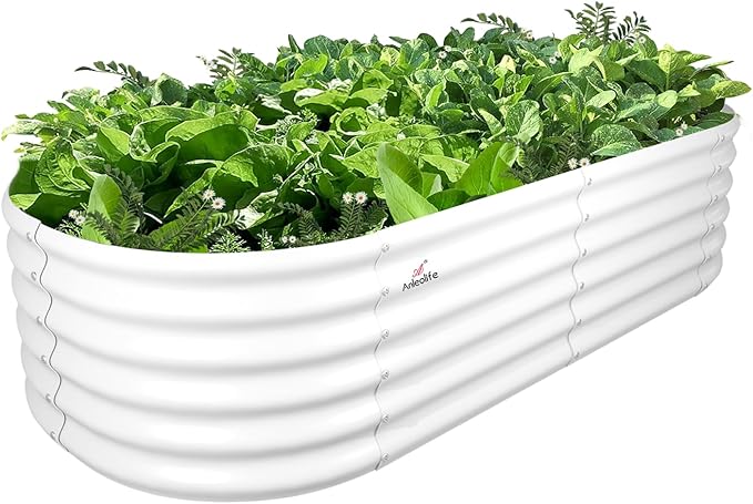 A ANLEOLIFE 6X2X1.5 ft Galvanized Raised Garden Beds Outdoor, Oval Round Metal Planter Box for Planting Vegetables Flowers Herb, Anti-Rust & Easy-Setup, Antique White AAnleolife