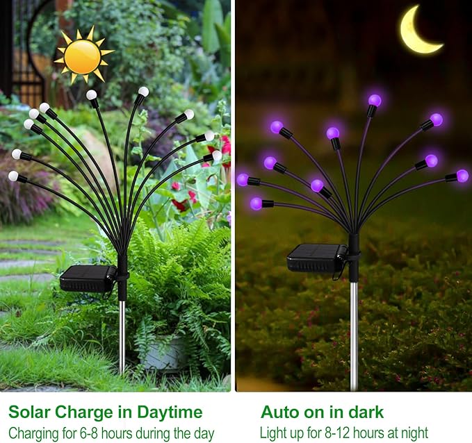 Solar Garden Lights Outdoor, 2 Pack 20 LED Solar Purple Firefly Lights Waterproof, Starburst Wind Swaying Light for Outside Yard Patio Planter Flower Bed Walkway Halloween Christmas Decoration KohlrabiDecor