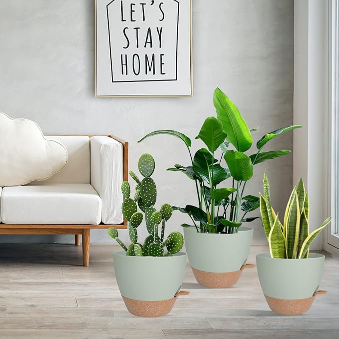 Planters for Indoor Plants, 10/9/8 Inch Self Watering Plant Pots with Drainage Hole, Plastic Planters Flower Pots for Indoor Outdoor Plants (Green) Vanslogreen