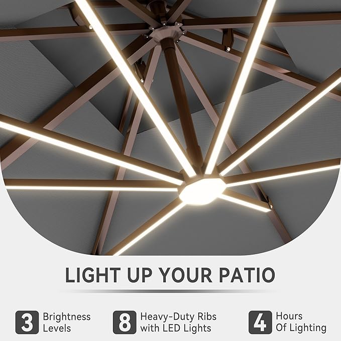 10 X 13 FT Cantilever Outdoor Patio Umbrella with Led Lights Large Heavy Duty 360° Rotation Double Top Offset Rectangular Umbrellas for Backyard Garden Pool Outside Deck, Grey MEVBC