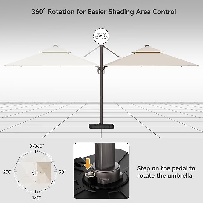 9x12FT Beige Cantilever Outdoor Patio Umbrella with Base, Large Rectangular Offset Design, Double Top Heavy Duty Aluminum Frame & 360° Rotation for Pool Garden Deck Backyard ZLACUIU